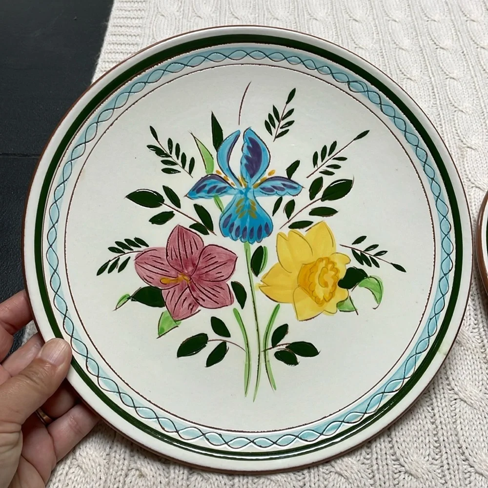 2 VTG Stangl 10” dinner plates Country Garden. Blue iris daffodil hand painted